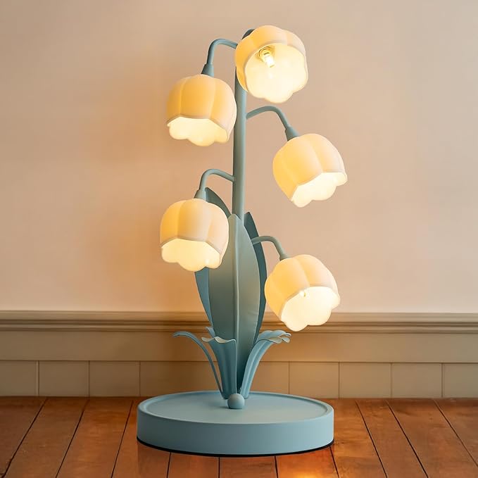 Flower Table Lamp, Lily of The Valley Lamp for Bedside Accent 3 Color Modes Cottagecore Soft Reading Night Light for Bedroom, Corner, Dorm, Entrance Home Vintage Decor (Powder Blue)