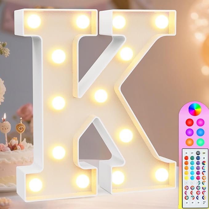 Pooqla Colorful Light Up Letters with Remote, Upgraded 35 Colors LED Marquee Letters, RGB Lighted Letter for Girls Teenager Gift Birthday Party Valentines Day Decorations Gift for Him Her, Letter K