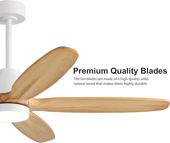 WINGBO 54" Ceiling Fan with Light - 5 Carved Solid Wood Blades, 6-Speed Reversible DC Motor, Dimmable, 3CCT, Noiseless Remote Control Ceiling Fans with Lights for Bedroom Living Room, White and Oak