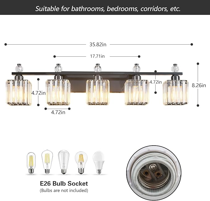 Vanity Lights 5-Light Modern Crystal Vanity Light Plating Black Bathroom Light Fixtures Over Mirror Crystal Bathroom Vanity Lighting Fixtures