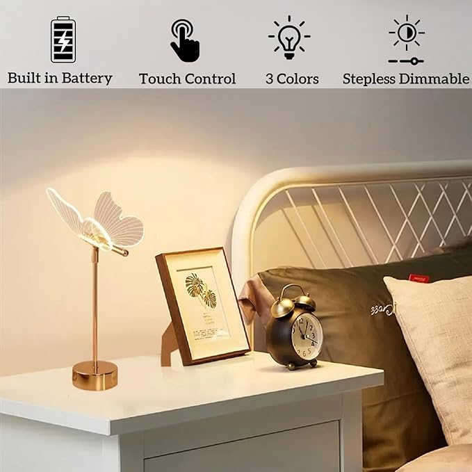 Butterfly Table Lamp,Tricolor Butterfly Lamp for Nightstand,3 Way Dimmable Butterfly Bedside Lamps, Acrylic Butterfly Touch Lamp for Living Room Bedroom Home Decor,Gold