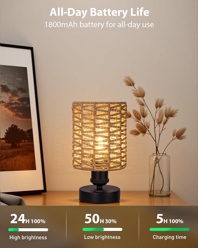 Cordless Outdoor Table Lamps, Small Rattan Boho, Rechargeable Battery Operated for Outdoor Patio, Home, Living Room, Bedroom, Bedside - Set of 2 (Beige-B)