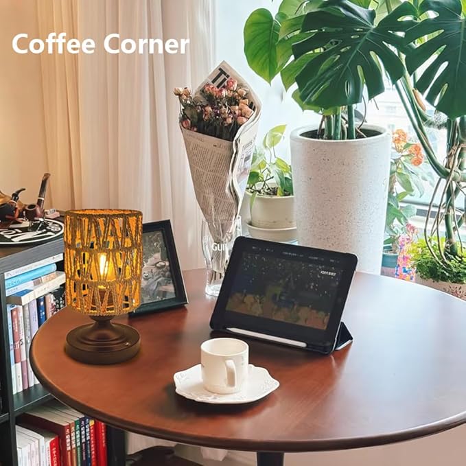 Cordless Rechargeable Table Lamps Night Light Desk Lamp, Battery Operated Farmhouse Table Lamp Boho Rattan Shade Stepless Dimmable for Outdoor Patio, Living Room, Bedroom (Bulb Included)
