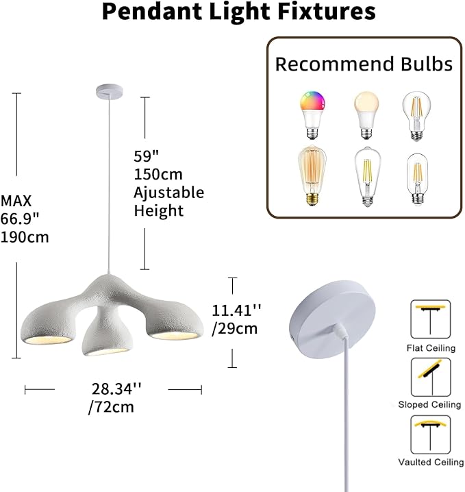 JAYMP 3-Lights Pendant Light Fixture for Dining Room Kitchen Island Restaurant Farmhouse E26 Base Mid Century Modern Hanging Lamp 1 Pack (Matte White,E Shape, 72cm/28.3in)