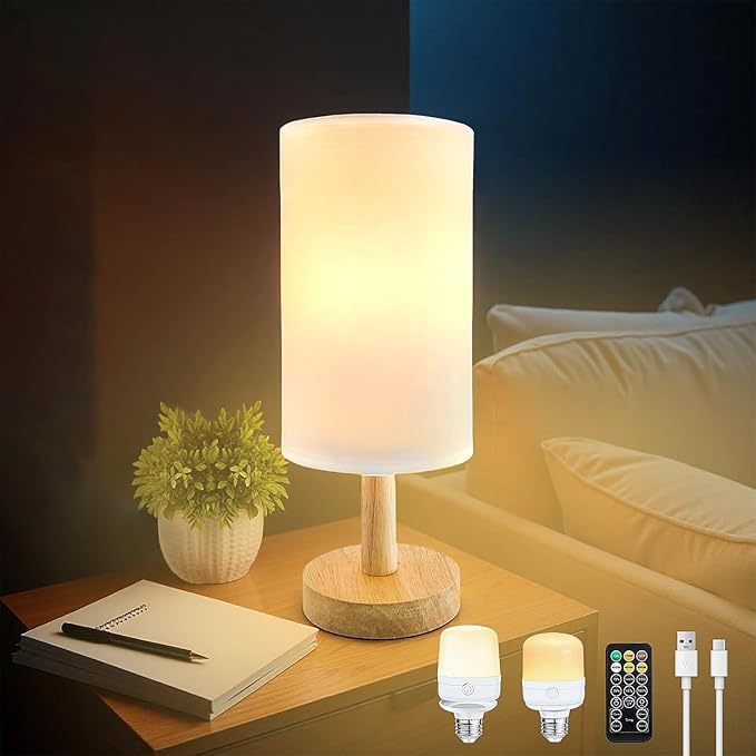 Wireless Bedside Table Lamp with 2Pcs E26 Rechargeable Battery Bulb, Remote Control, Dimmable, Timer, Cylindrical Light for Living Room, Bedrooms, Reading, Night Lighting