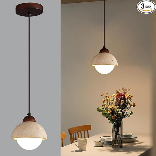Nordic Natural Stone Shade Pendant Light Wabi Sabi Yellow Cave Stone Chandelier for Kitchen Island,Wood Suspension Lamp for Dining,Bedside,Entryway,Cafe,Restaurant(3-Pack)