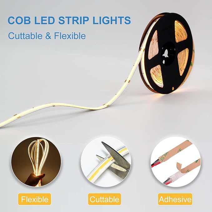 COB LED Strip Lights Waterproof IP67 DC24v Natural White 4000K 16.4ft/5m High CRI 92Ra+ Outdoor LED Tape Lighting DIY Cuttable for Bedroom Kitchen Cabinet Shelf (Power Supply Not Included)