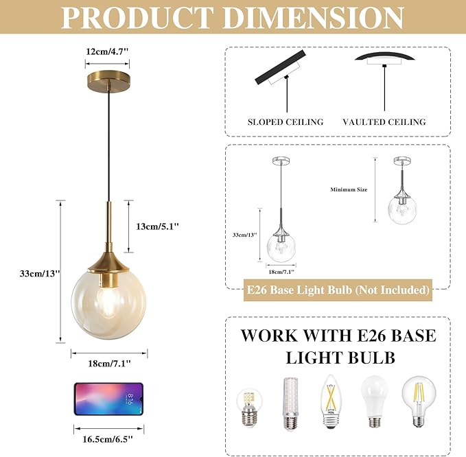 KCO Lighting Mid Century Modern Pendant Chandelier Amber Glass Hanging Lamp Gold Globe Pendant Lights Kitchen Island Brushed Brass Pendant Light Large Kitchen Pendant Lighting Over Island