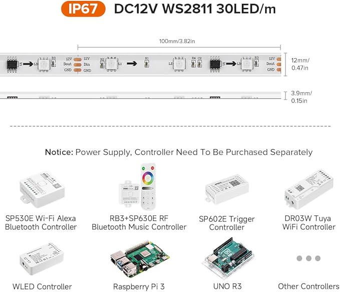 BTF-LIGHTING WS2811 IC=RGB+IC Addressable Dream Color LED Strip 16.4FT 30LEDs/m 10Pixels/m IP67 Waterproof White PCB Flexible DC12V Chasing Effect for Home Indoor Decor(No Adapter or Controller)
