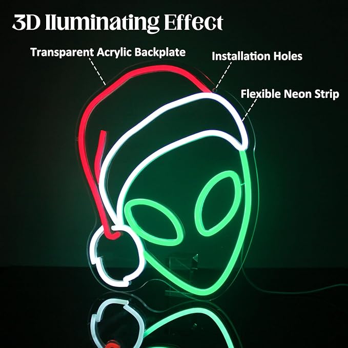 Christmas Neon Light Alien Neon Sign Green Red LED Sign Christmas Hat Neon Signs for Wall Decor Santa Hat Neon Lights for Bedroom Alien Decor Neon Wall Light for Xmas Party Decor