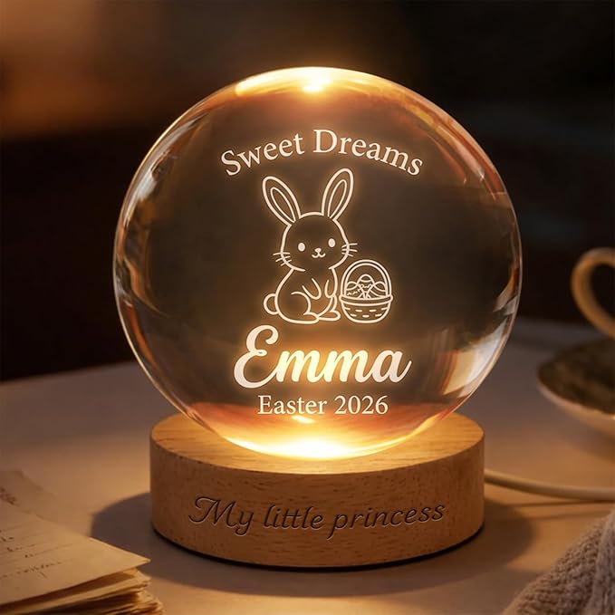 Personalized Easter Bunny Crystal Ball LED Lamp, Custom Name Glass Globe Night Light, Sweet Dreams Engraved Spring Home Decor Accent Light with Wooden Base, Easter Keepsake Gift for Family Display