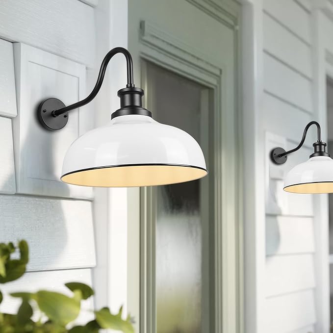 Outdoor Gooseneck Barn Light,14 Inch Dome Outdoor Wall Sconce Farmhouse Exterior Wall Mount Light Vintage Wall Lighting Fixture Industrial Wall Lantern for Porch, Entryway, Garage, RZ007M WH