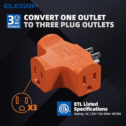 ELEGRP 3-Prong Heavy Duty Power Extender to Triple Outlet in T Direction, Multi-Directional Grounded Wall Tap Outlet Extender with 3 Prong Plug-in, 15-Amp, 125-Volt, ETL Listed, 1 Pack, Orange