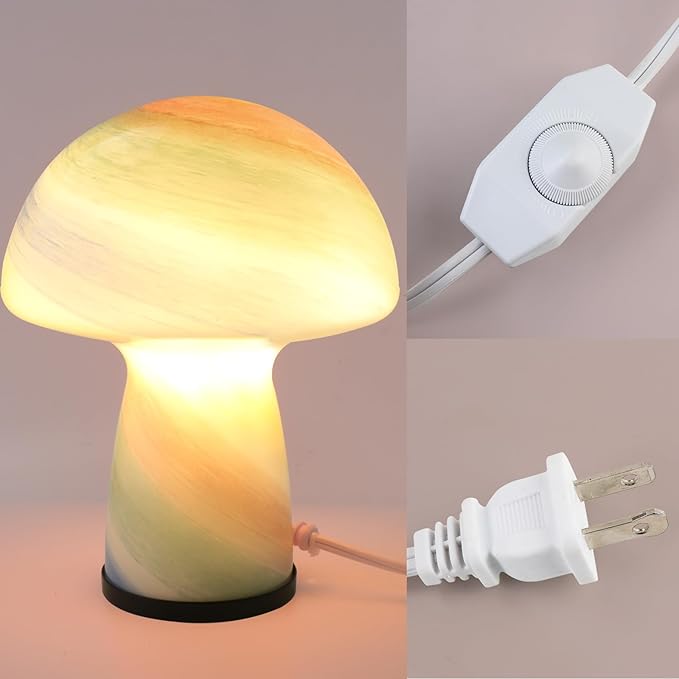 Mushroom lamp,Dimmable Glass Table Lamp,Vintage Style Table Lamp,Rainbow Bedside Desk lamp,Cute Table Lamps.（LED Bulbs Included）