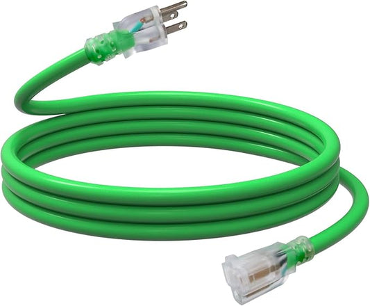 EP 10 Ft Outdoor Extension Cord, 12/3 SJTW Heavy Duty Waterproof Power Cable, 3 Prong Grounded Plug, Lighted End, for Lawn, Garden, Appliances, Green