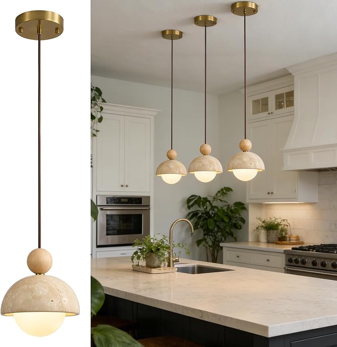 Wabi Sabi Travertine Pendant Light, 7.1 inch Natural Stone & Wood Hanging Lamp for Kitchen Island, Hallway, Bedroom, Dining Room Ceiling Decor (G9 Bulb, Stone Round, 1pcs)