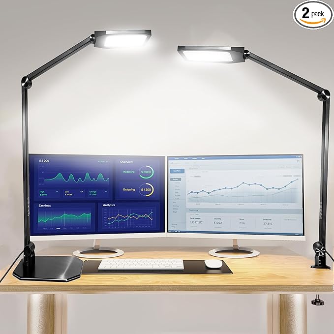 NS LED Desk Lamp with Clamp, Flicker-Free Dimmable Table Light with 3 Color Modes, Memory & Timer Function, Adjustable Swing Arm Clip-On Lamp for Home Office, Reading, Study.Batteries not Included.