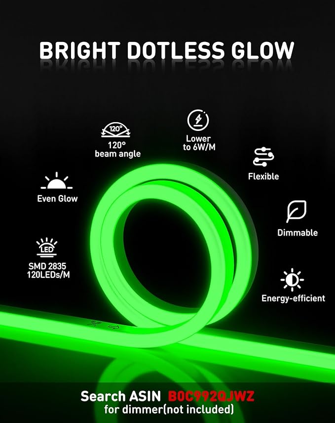 Shine Decor LED Rope Lights AC 120V, Connectable & Cuttable Dotless 120LEDs/M Eco Neon Strip Lighting, ETL IP65 Waterproof & Weather-Resistant for Home Commercial, 8x16mm, Green, 16.4FT