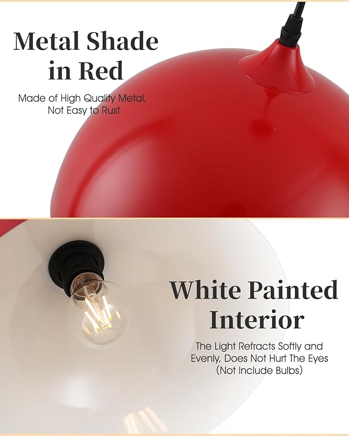 Industrial Pendant Light Fixtures,11.8" Red Dome Pendant Light Over Kitchen Island 3 Pack, Adjustable Vintage Ceiling Hanging Lamp for Bedroom Restaurant Bar Cafe Dining Room Sink
