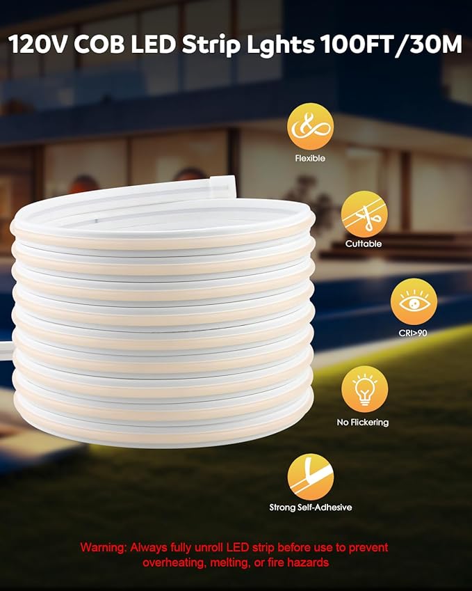 Aclorol 100FT 120V COB Outdoor LED Strip Lights Waterproof IP68 AC 110V High Voltage LED Rope Light for Outside Self-Adhesive for Patio Deck Garden Lighting Projects 8640 LEDs