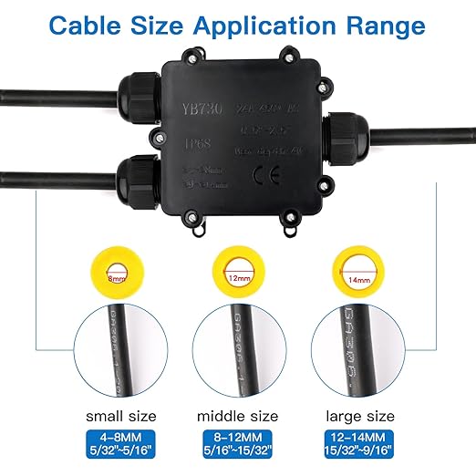 Helunsi Waterproof Junction Box 3 Way, IP68 External Waterproof Electrical Junction Box, Black Underground Junction Box Outdoor Cable Connector, for Diameter 5mm -14mm Wire Gland (1 Pack - Larger)