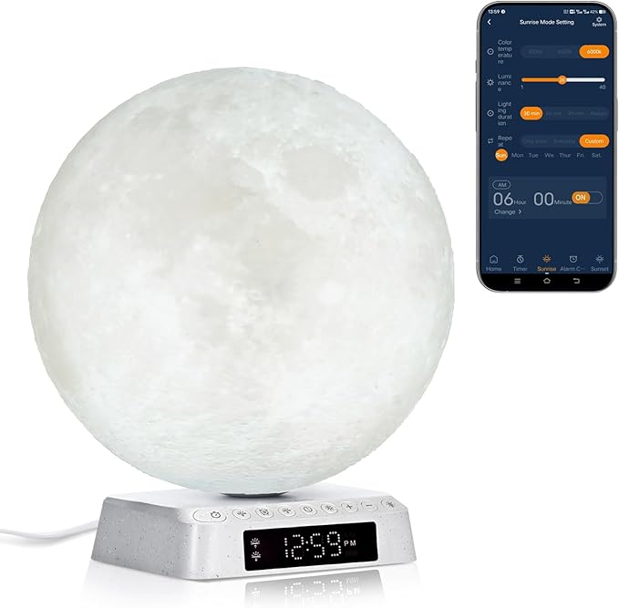 Sunrise Alarm Clock Wake up Light Alarm Clock lamp Clock 3 Color Adjustable Mood Light Built-in White Noise nightstand Lamp for Livingroom Bedroom Office Reading Working Moon Lamp Not support APP