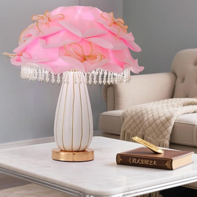 Pink Girls Table Lamp Romantic Bouquet Bedside Lamp Cute Nightstand Light Nordic Table Lamp for Bedroom Living Room Entry Office Study Room Kid Room Valentines Dating Wedding Decor
