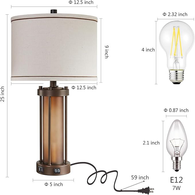 Set of 2 Farmhouse Table Lamps for Living Room with 2 USB Charging Ports, Vintage Rustic Nightstand Lamps with Amber Glass Nightlight, Retro Desk Lamps for Bedroom Entryway, 4 Bulbs Included (Brown)