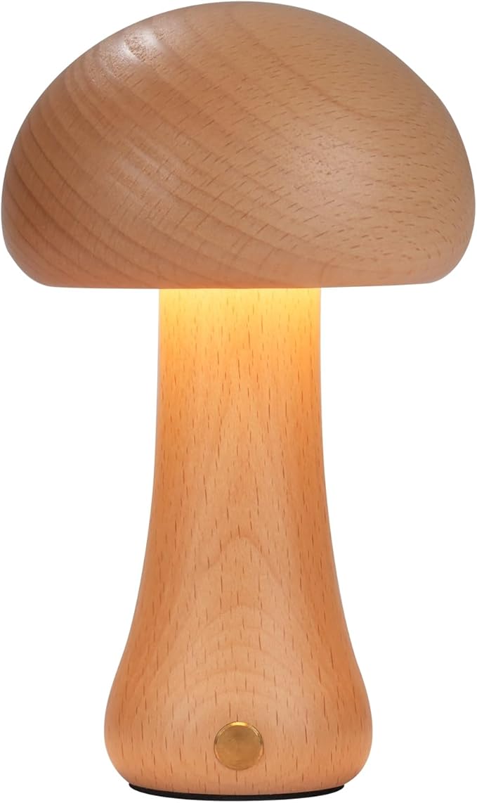 Small Wood Mushroom Lamp, LED Cordless Bedside Touch, Portable Dimmable Battery Mushroom Lamp for Bedroom Nightstand
