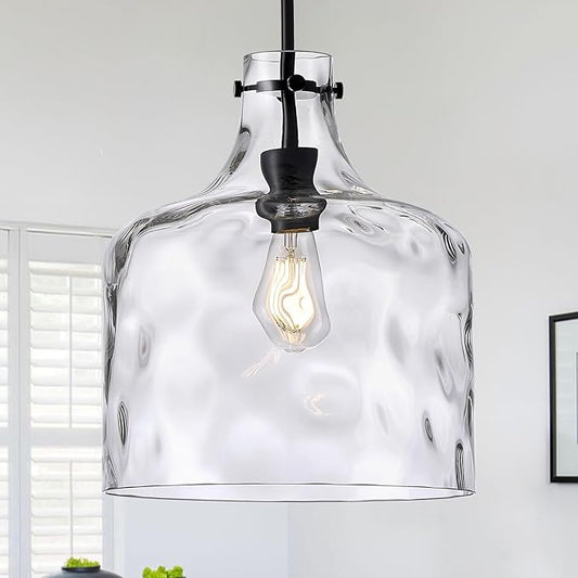 12" Farmhouse Pendant Light, Hand-Blown Clear Hammered Glass Hanging Ceiling Light Fixture with Black Finish and Adjustable Chain, Modern Rustic Lighting for Kitchen Island, Dining Room, E26 Socket