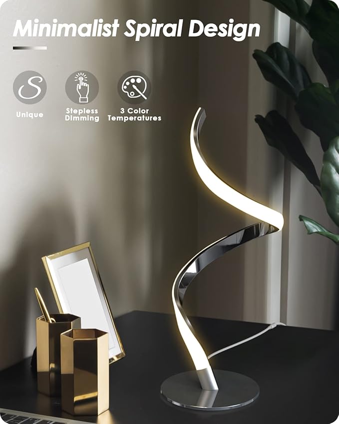 Yarra-Decor Modern Spiral Bedside Lamp - 3 Colors Touch Control LED Table Lamp, Stepless Dimmable Nightstand Lamps for Bedroom Living Room & Office(3000K 4000K 5000K)