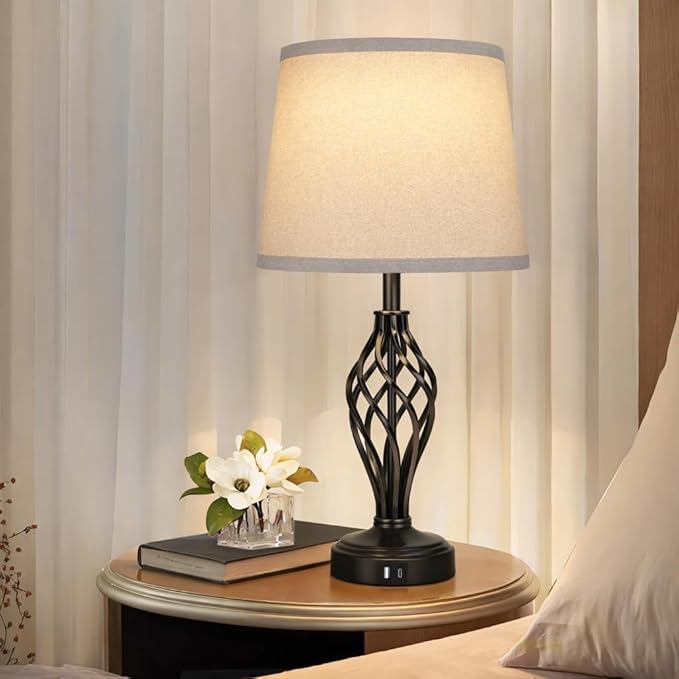 Touch Table Lamps Set of 2, nightstand lamp with USB Ports Bedside 3 Way Touch dimmer Desk lamp for Living Room Bedroom,Black Painted Spiral cage Base Design Warm White dimmer Bulbs Included.