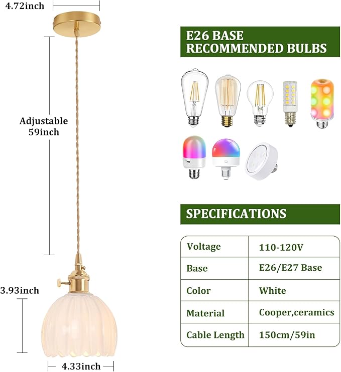 Mini Pendant Light with White Tulip Glass Lmapshade, Brass Vintage Pendant Light Adjustable Hanging Light for Kitchen Island Dining Room Hallway