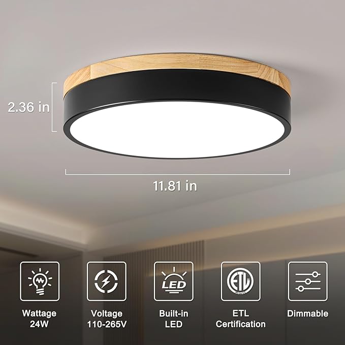 Dimmable Wood LED Ceiling Light, 5CCT 2700K-6000K Modern Black Flush Mount Ceiling Light, Minimalist Round Close to Ceiling Light Fixture for Bedroom, Kitchen, Laundry Room, Hallway, 11.81in