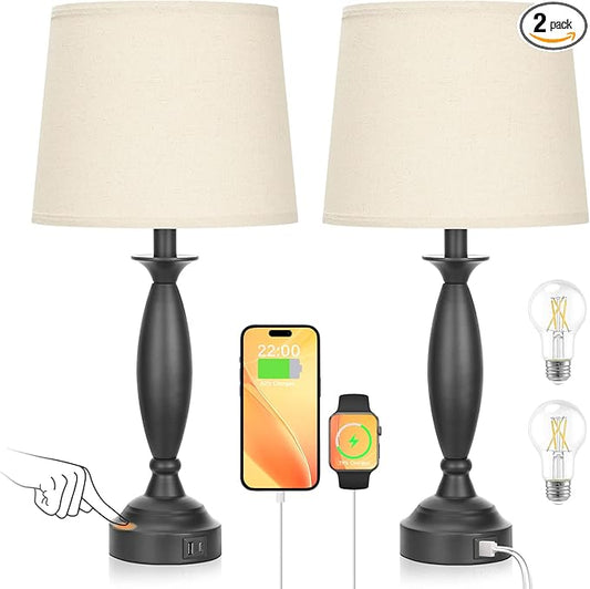Seealle Beige Lamps for Bedrooms Set of 2 - Touch Control Bedside Lamp with USB C+A, 3 Way Dimmable Nightstand Lamps with USB Port, Table Lamp for Living Room(Beige Shade and Black Base)