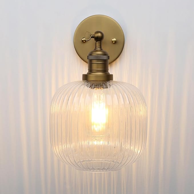 Pathson Modern Wall Sconce Lamp Clear Striped Round Glass, Hardwired Vintage Wall Vanity Light Fixture for Farmhouse Living Room Bedroom Bathroom Loft