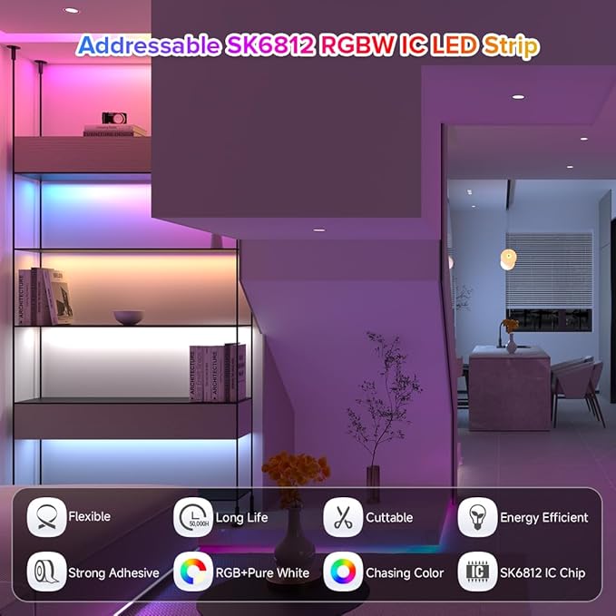 BTF-LIGHTING SK6812(Similar WS2812B) UL Listed RGBW RGB+Warm White(3000K) Individually Addressable DC12V 16.4FT 30LED/m 4 Colors in 1 Light Dream LED Strip IP30 White PCB(No Adapter or Controller)