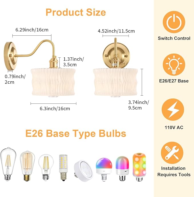 Battery Operated Wall Sconce Set of 2, Vintage Rechargeable Wall Lights with White Ripple Glass Shade, Wireless Indoor Wall Lamp for Bedroom Living Room Bathroom