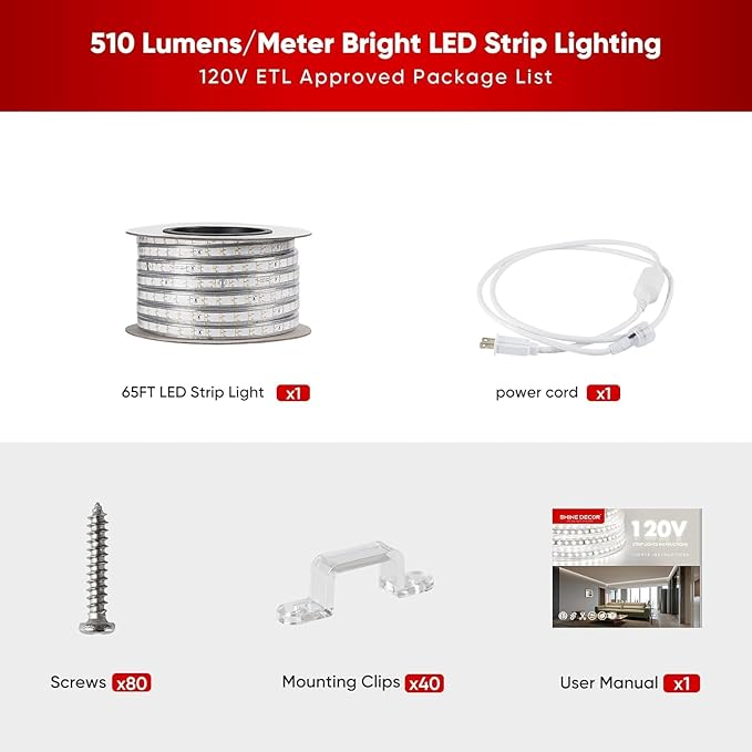 Shine Decor Plus LED Strip Lights AC 120V, Connectable Double Row Bright Rope Light, ETL IP65 Waterproof & Weather-Resistant for Accent Lighting, 7x17mm, 6000K Cool White, 65FT