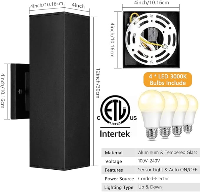 SHIMR Outdoor Wall Lights Dusk to Dawn 2 Pack, ETL Listed Outdoor Light Fixture Wall Mount, Aluminum Anti-Rust Up and Down Outside Lights for House Porch Garage Patio, LED Bulbs Include