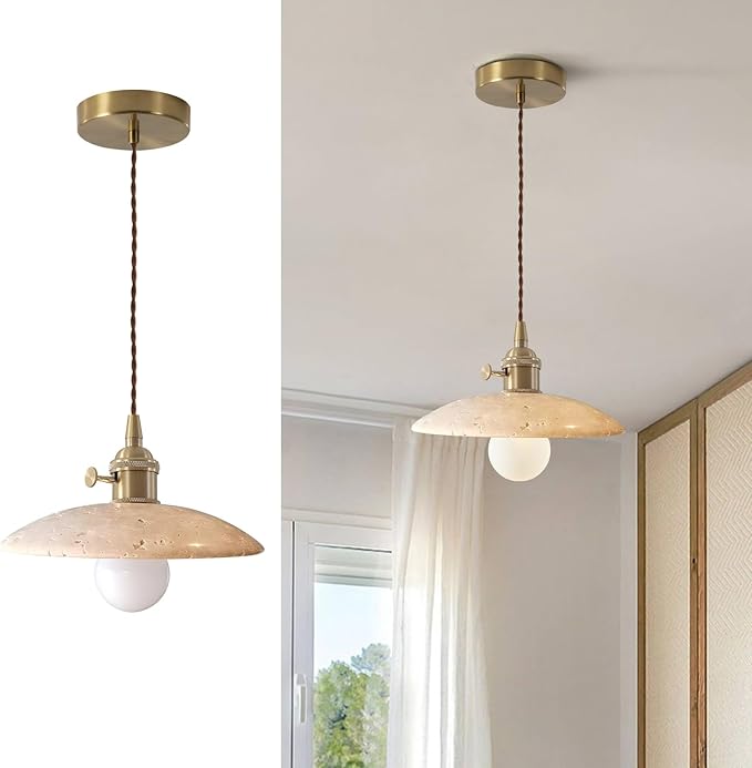 Natural Stone Shade Dome Pendant Light Wabi Sabi Style Island Pendant Lights Nordic Marble Hanging Light for Kitchen Island Dining Room, Wire Adjustable