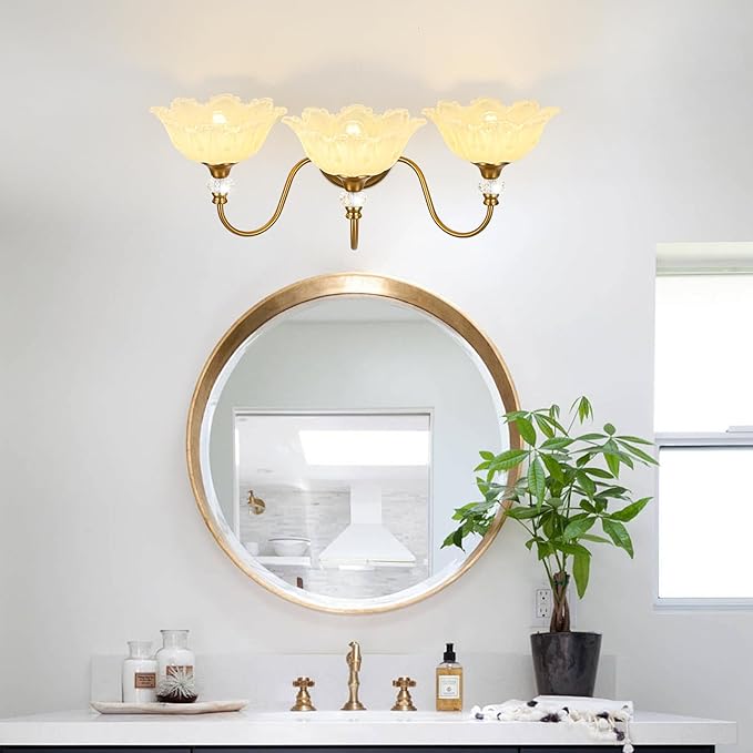 Vintage Bathroom Vanity Light, 3-Light Matte Brass Finish Vanity Light with Floral Yellow Glass Shades, Retro Wall Sconce for Bathroom, Dressing Table