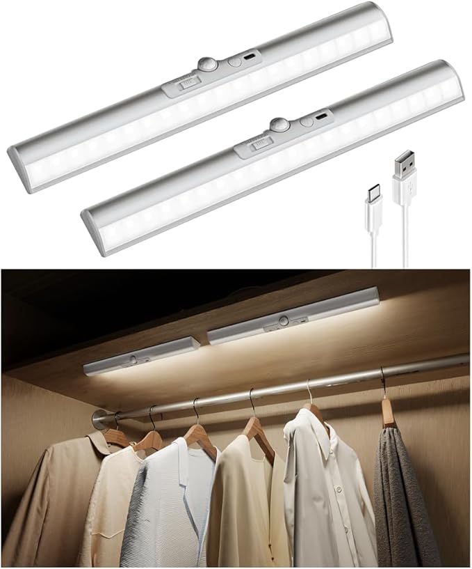 EZVALO 15in Closet Lights with Rotatable Motion Sensor, Rechargeable Under Cabinet Lighting, No-Glare Curved Design, 3 Color Temps & Dimmable LED Lights for Pantry, Wardrobe, Shelf