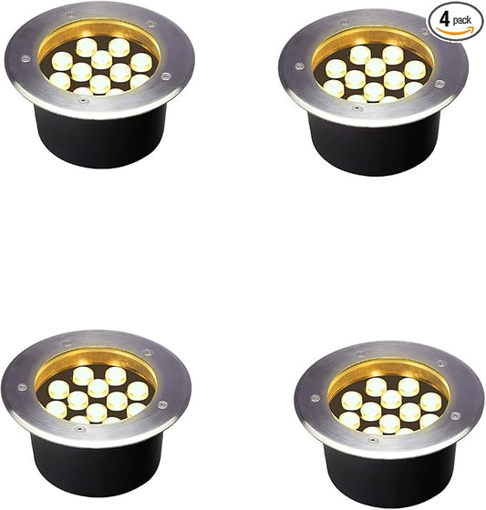 12W Outdoor In Ground Lights,Line Voltage 110V 120V,Diameter 7 inches,Warm White 3000K,Wired LED Landscape Lighting,Recessed Well Light for Driveway,Pathway,Step,Deck,Pack of 4