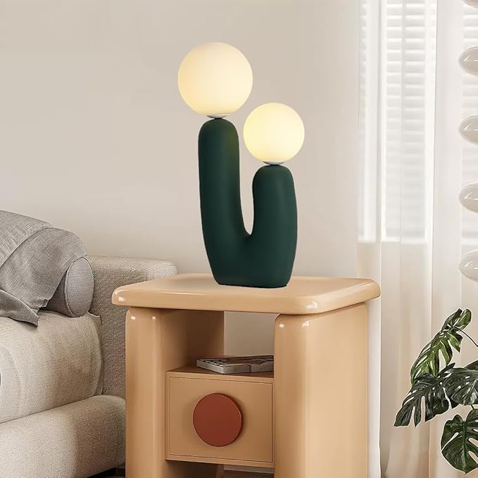 Modern Green Table Lamp Cactus Shape Resin Retro Table Light White Milk Globe Glass Light Fixtures for Living Room Bedroom Children’s Room Cafe Entrance