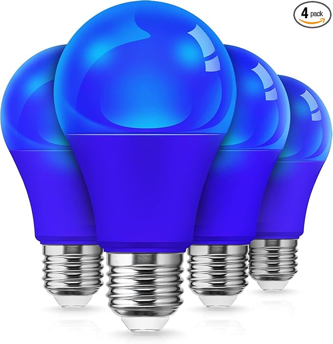 L LOHAS LED Blue Light Bulbs, 9W (60W Equivalent) A19 E26 Base, Non-Dimmable, Vibrant Blue Light for Christmas Indoor Decor, Party, Holiday Lighting, 4 Pack