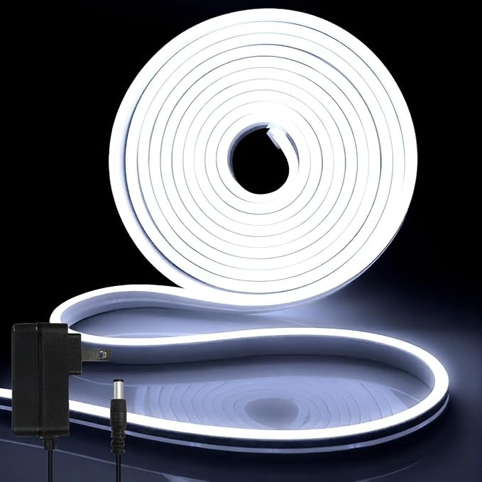 iNextStation 12V White LED Strip Lights 16.4FT, Flexible Silicone Neon Rope Light with Power Adapter, Waterproof, Cuttable, Dimmable & Linkable, LED Lights Strip for Bedroom, Kitchen(with Plug)
