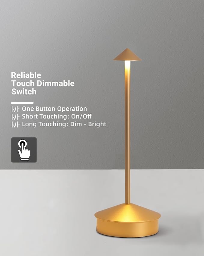 2 Pack Aluminum Cordless Table Lamp, 6000mAh Rechargeable Table Lamps, Portable Touch LED Lamp, Outdoor Waterproof Dimmable Cordless Rechargeable Table Lamps for Restaurant/Patio- Black (1 Pcs Gold)