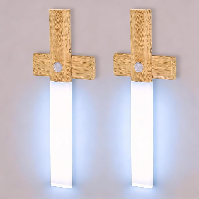 LAVAED Motion Sensor Lights Indoor,LED Rechargeable Battery Operated Wall Sconce Magnetic Stairway Night Light Wireless Portable Decor Lighting for Bedroom, Hallway, Picture,6000K Strip Base 2Pack