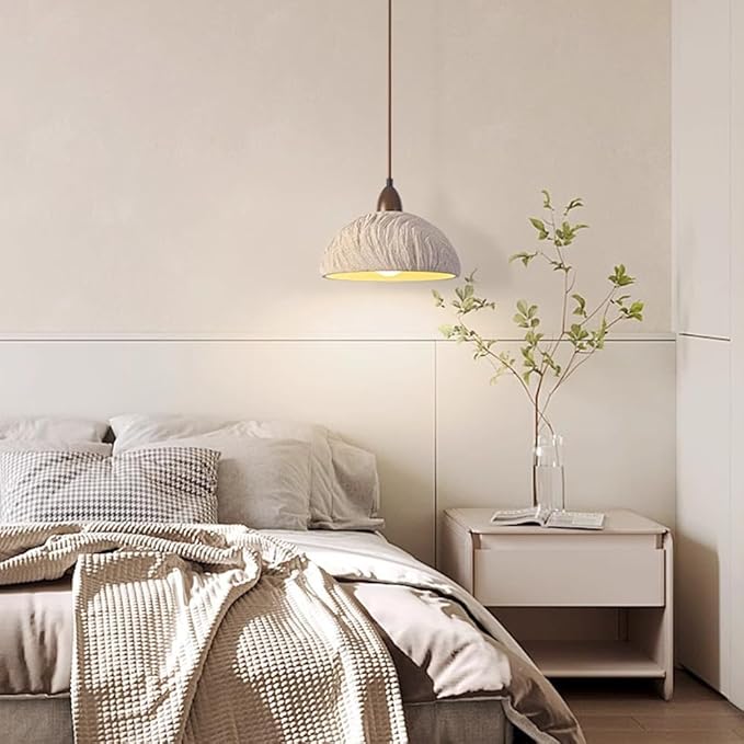 Wabi Sabi Pendant Light, 11" Concrete Pendant Light with Grey Irregular Textured Lampshade & Wooden Ceiling Plate, Retro Cement Hanging Lamp Ideal for Bedroom Living Room Kitchen (No Bulb)